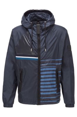 Hugo Boss Packable Hooded Jacket In Water-repellent Mixed Fabrics In Dark Blue