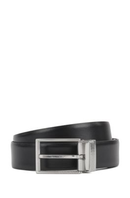 Reversible smooth and structured leather belt with pin and plaque buckles, Black