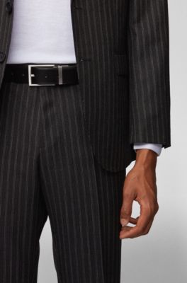 Reversible smooth and structured leather belt with pin and plaque buckles, Black