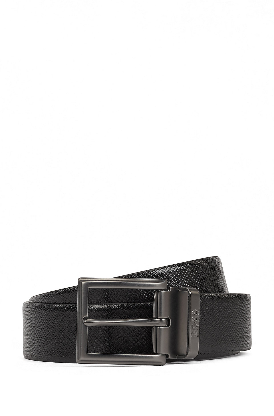 BOSS - Reversible belt in plain and structured Italian leather