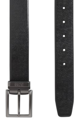 Reversible belt in plain and structured Italian leather, Black