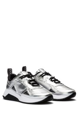 Leather and nylon trainers with metallic effect, Silver