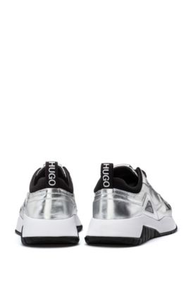 Leather and nylon trainers with metallic effect, Silver