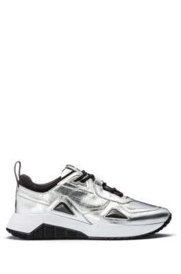 Leather and nylon trainers with metallic effect, Silver