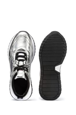 Leather and nylon trainers with metallic effect, Silver