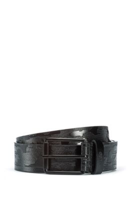 Italian-leather belt with embossed camouflage pattern, Black