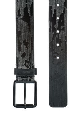 Italian-leather belt with embossed camouflage pattern, Black