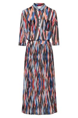 Hugo Midi Zigzag-printed Shirt Dress With Plissé Skirt Part In Patterned