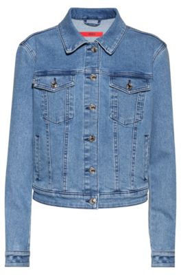 Hugo Alex Fitted Jacket In Stretch Denim With Studded Collar In Turquoise