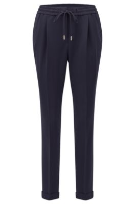 Pantalones regular fit con cord&oacute;n en crep&eacute; japon&eacute;s resistente a las arrugas, Azul oscuro