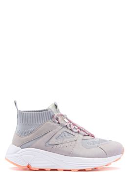 HUGO HUGO BOSS - LACE UP SNEAKERS WITH KNITTED SOCK AND CHUNKY SOLE - LIGHT GREY