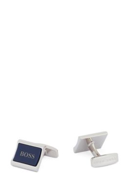 Hugo Boss - Brass Logo Cufflinks With Curved Enamel Core - Dark Blue