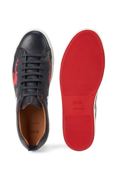 HUGO BOSS HUGO BOSS - CAMOUFLAGE PATTERN SNEAKERS WITH CALF LEATHER TRIMS - LIGHT BLUE