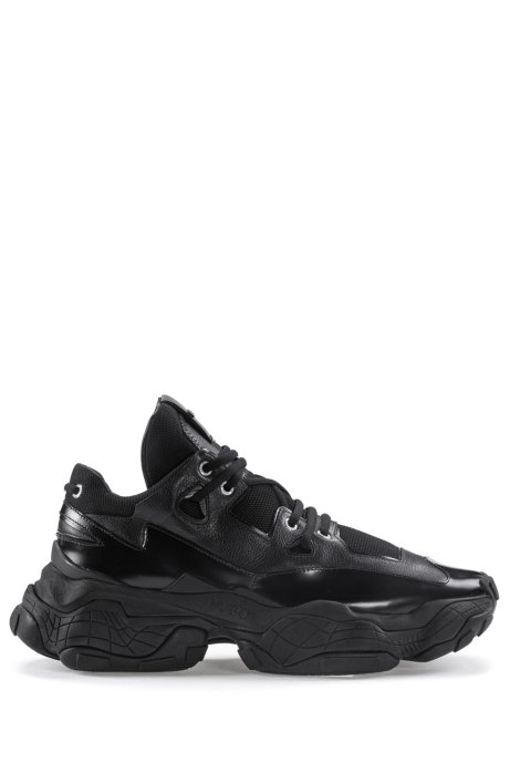 Shop Hugo Boss - Chunky Sneakers In Brush Off Leather And Mesh - Black