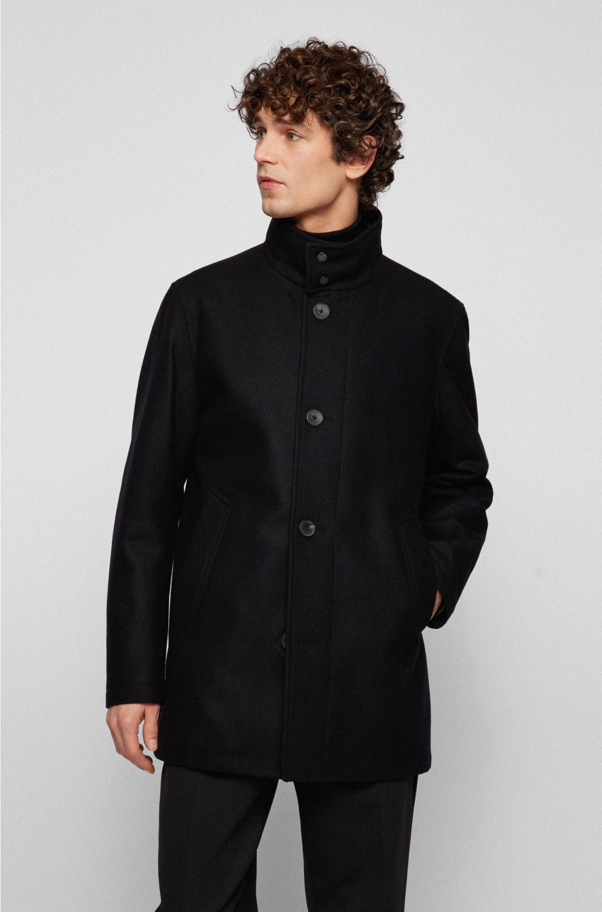 BOSS - Regular-fit wool-blend coat with monogram-jacquard belt