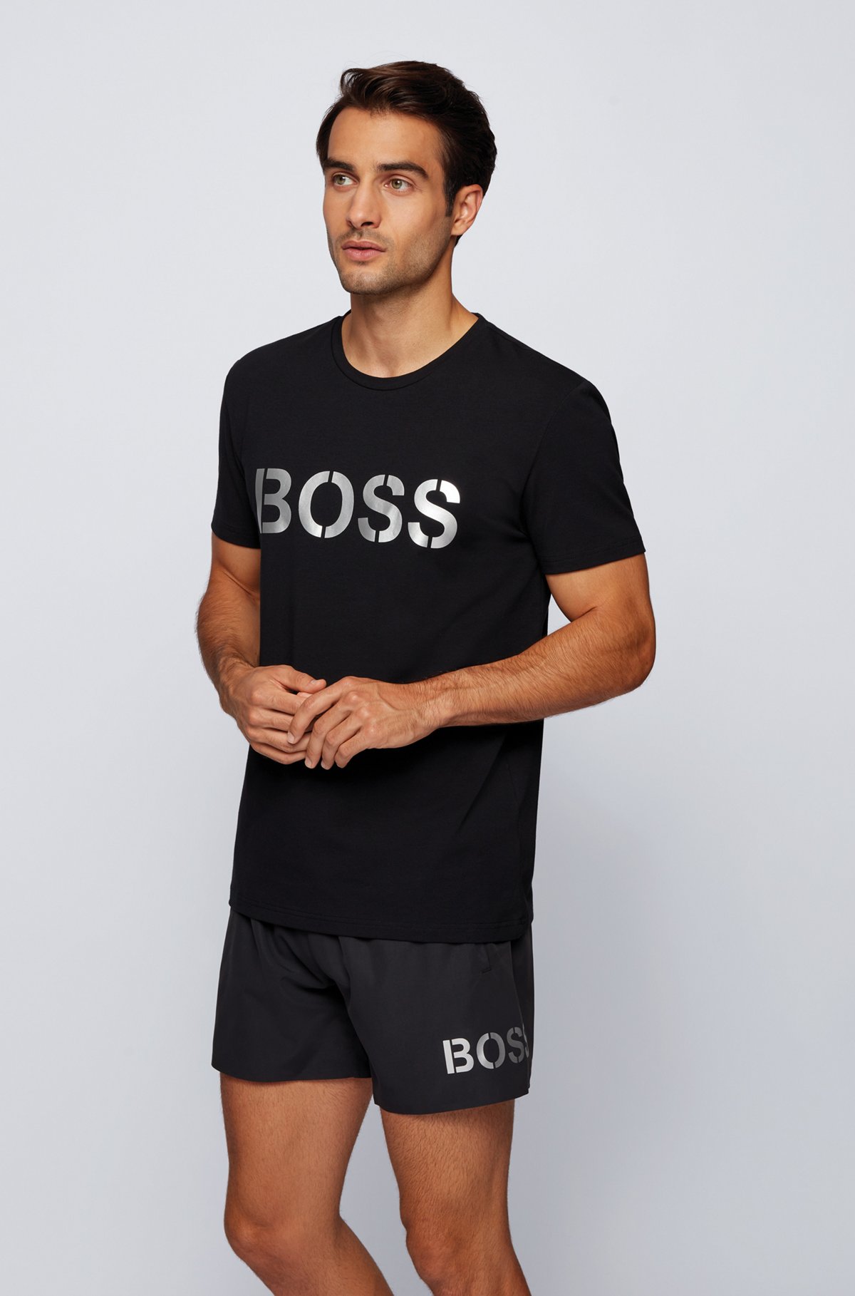 BOSS - Regular-fit beach T-shirt with striped logo artwork