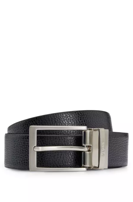 Reversible belt in grained Italian leather with logo keeper