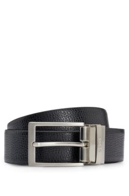 Reversible belt in grained Italian leather with logo keeper, Black