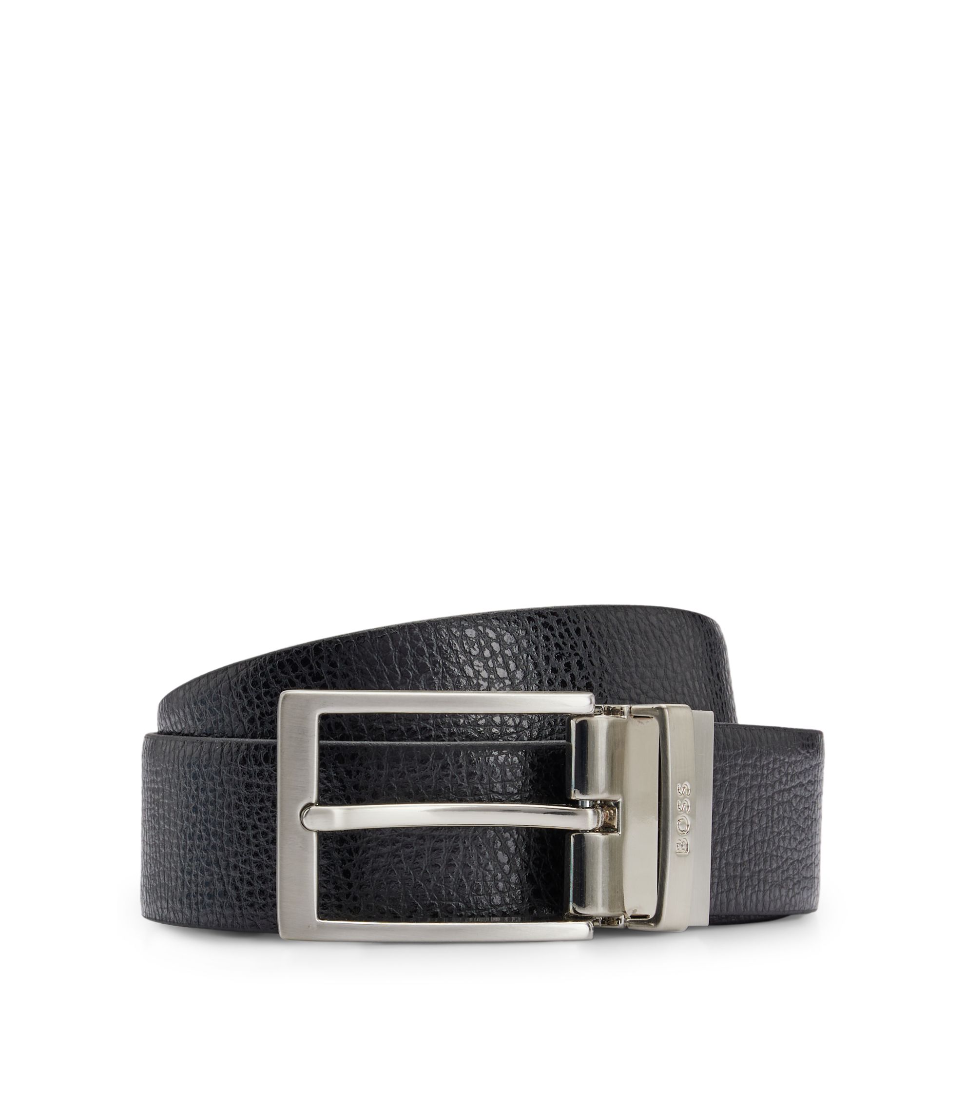 BOSS - Reversible belt in grained Italian leather with logo keeper