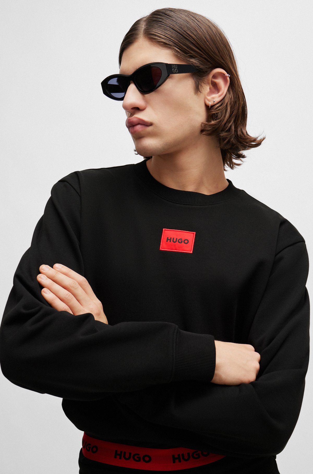 Cotton-terry regular-fit sweatshirt with logo label, Black