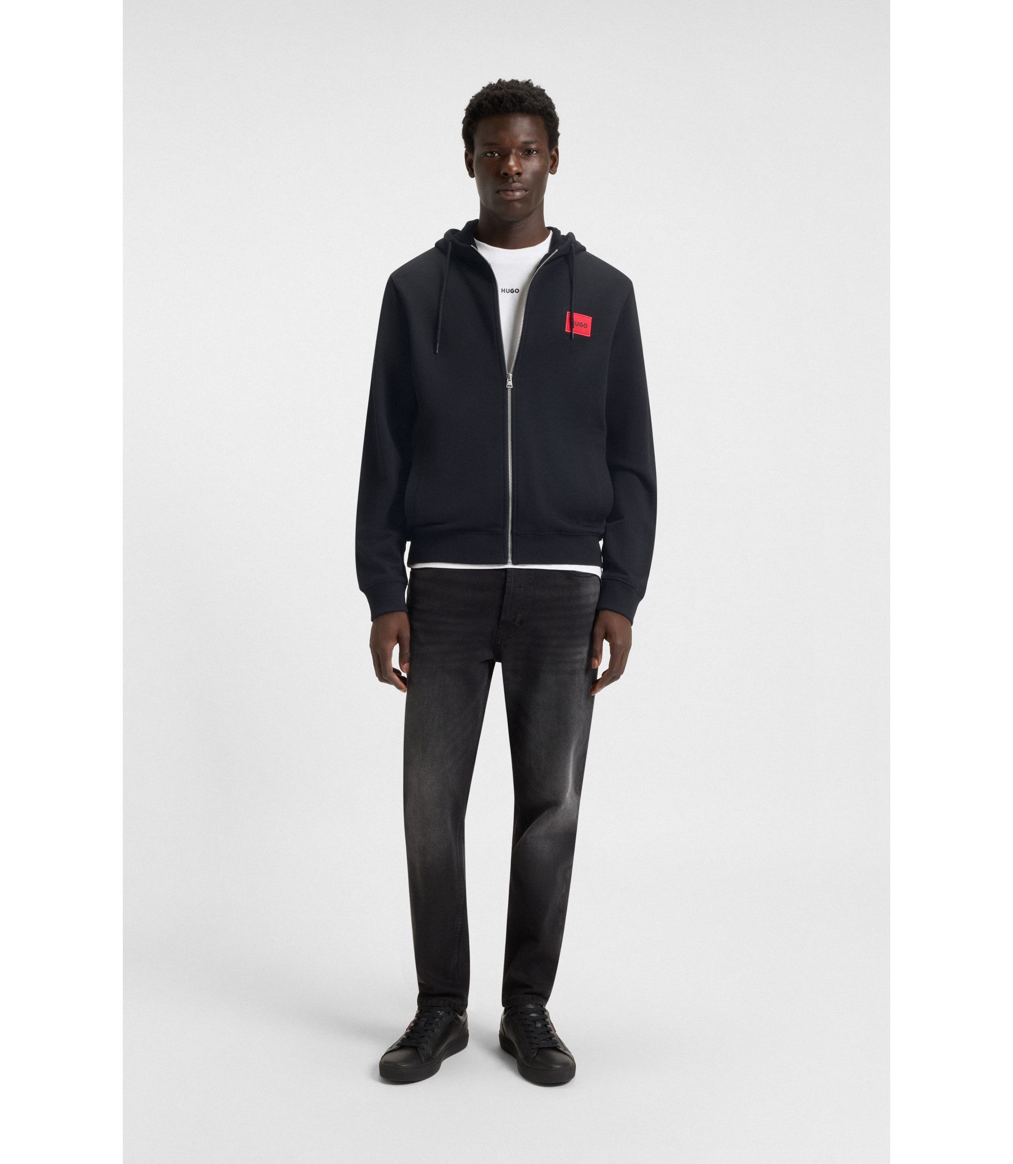 HUGO - Logo-label zip-up hoodie in cotton terry - Black