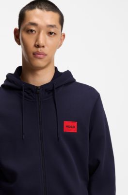 Prenda con capucha de felpa de algod&oacute;n con cremallera y etiqueta con logo, Azul oscuro
