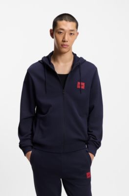 Prenda con capucha de felpa de algod&oacute;n con cremallera y etiqueta con logo, Azul oscuro