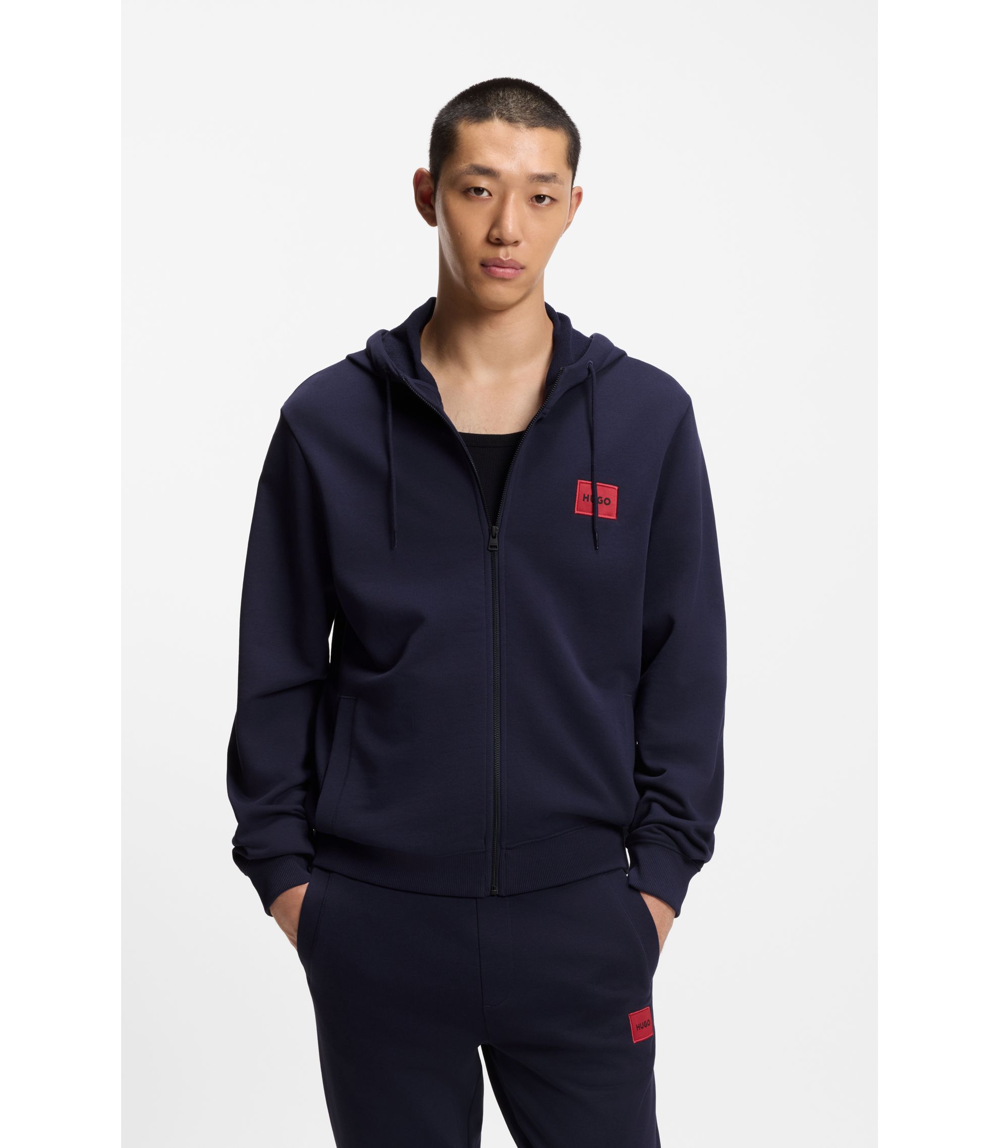 HUGO - Cotton-terry zip-up hoodie with logo label - Dark Blue