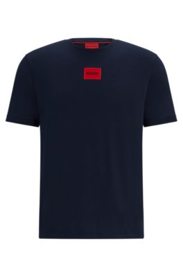 Hugo Regular-fit Cotton T-shirt With Red Logo Label In Dark Blue
