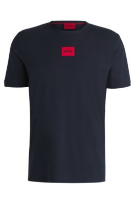 Hugo Regular-fit Cotton T-shirt With Red Logo Label In Dark Blue