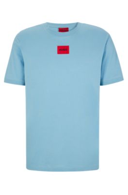 Hugo Regular-fit Cotton T-shirt With Red Logo Label In Turquoise