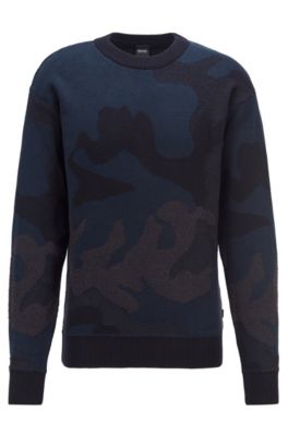 Hugo Boss Camouflage Pattern Sweater In Cotton Blend Knitted Jacquard In Dark Blue