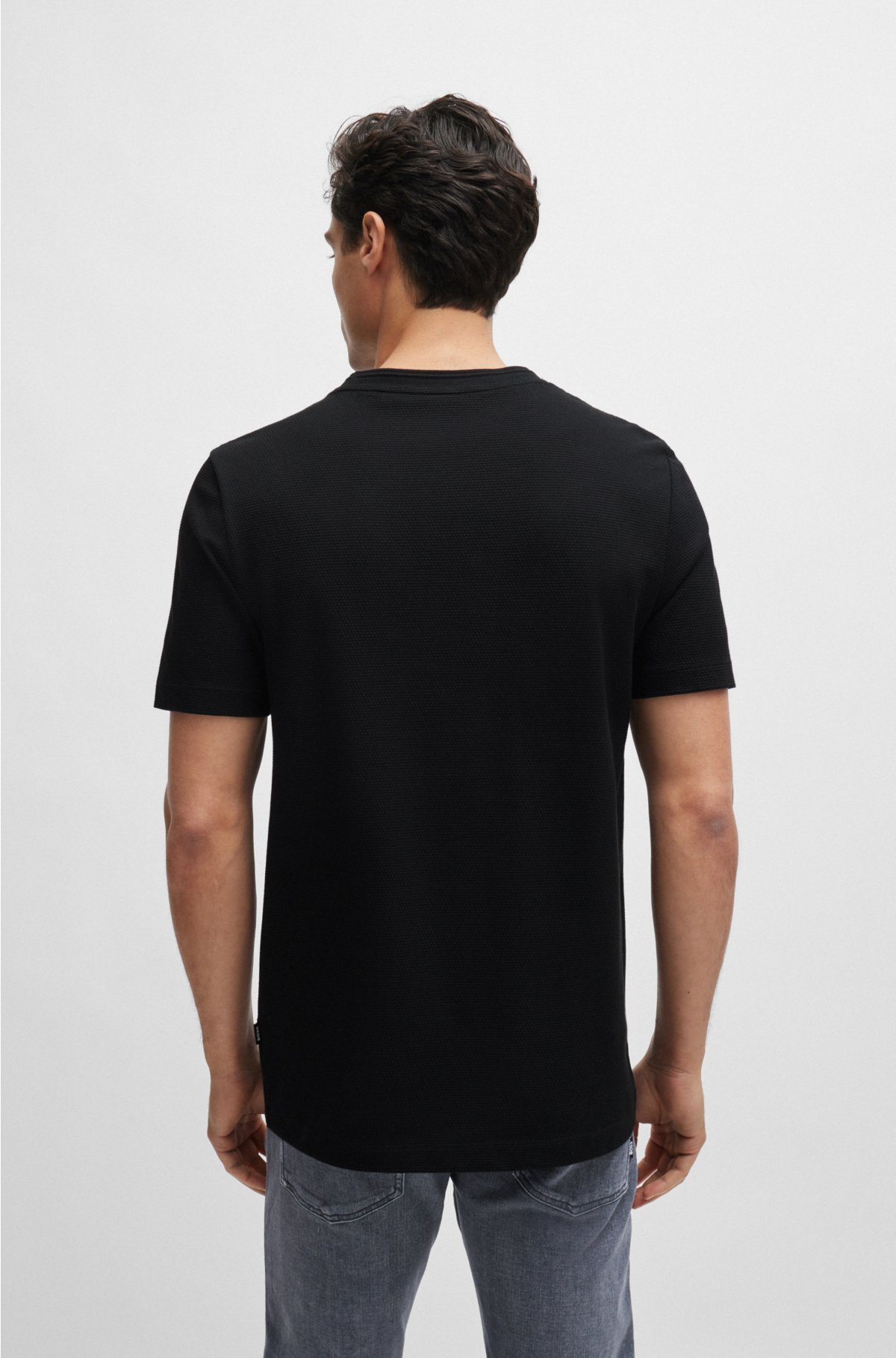 Cotton-blend T-shirt with bubble-jacquard structure, Black