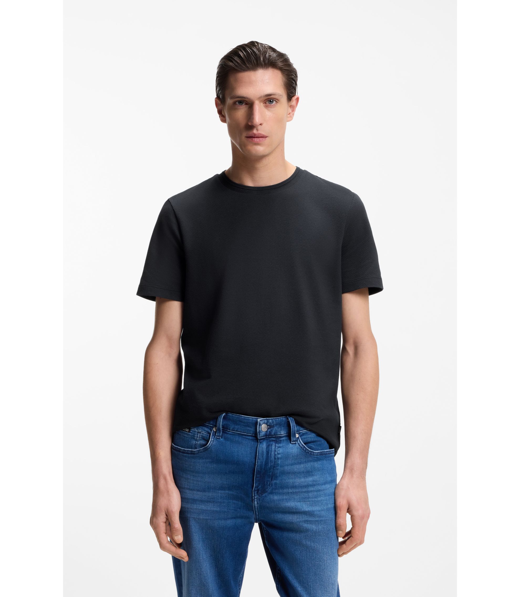 BOSS - Bubble-jacquard structure T-shirt in a cotton blend - Dark Blue