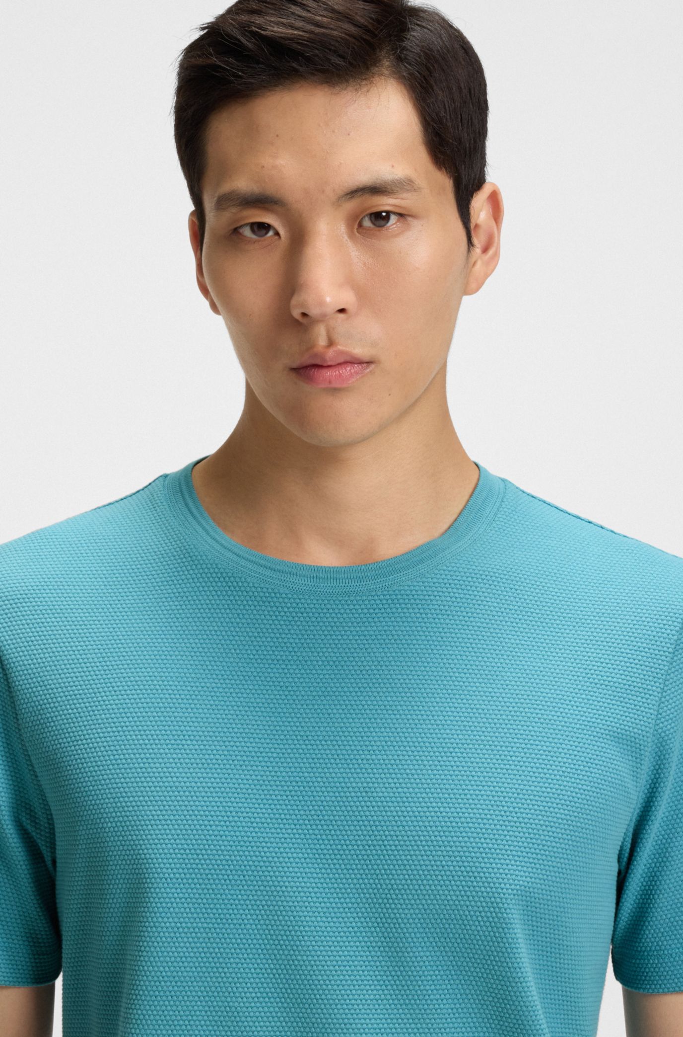 BOSS - T-shirt with bubble-jacquard structure - Light Blue