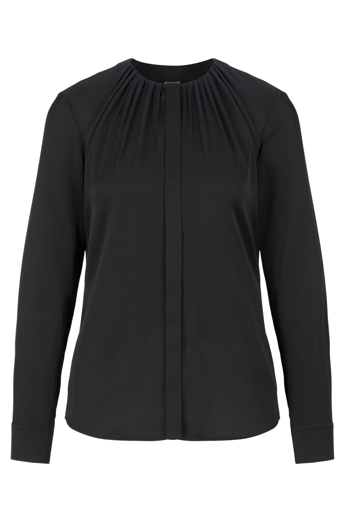 Ruched-neck blouse in stretch-silk crepe de Chine, Black