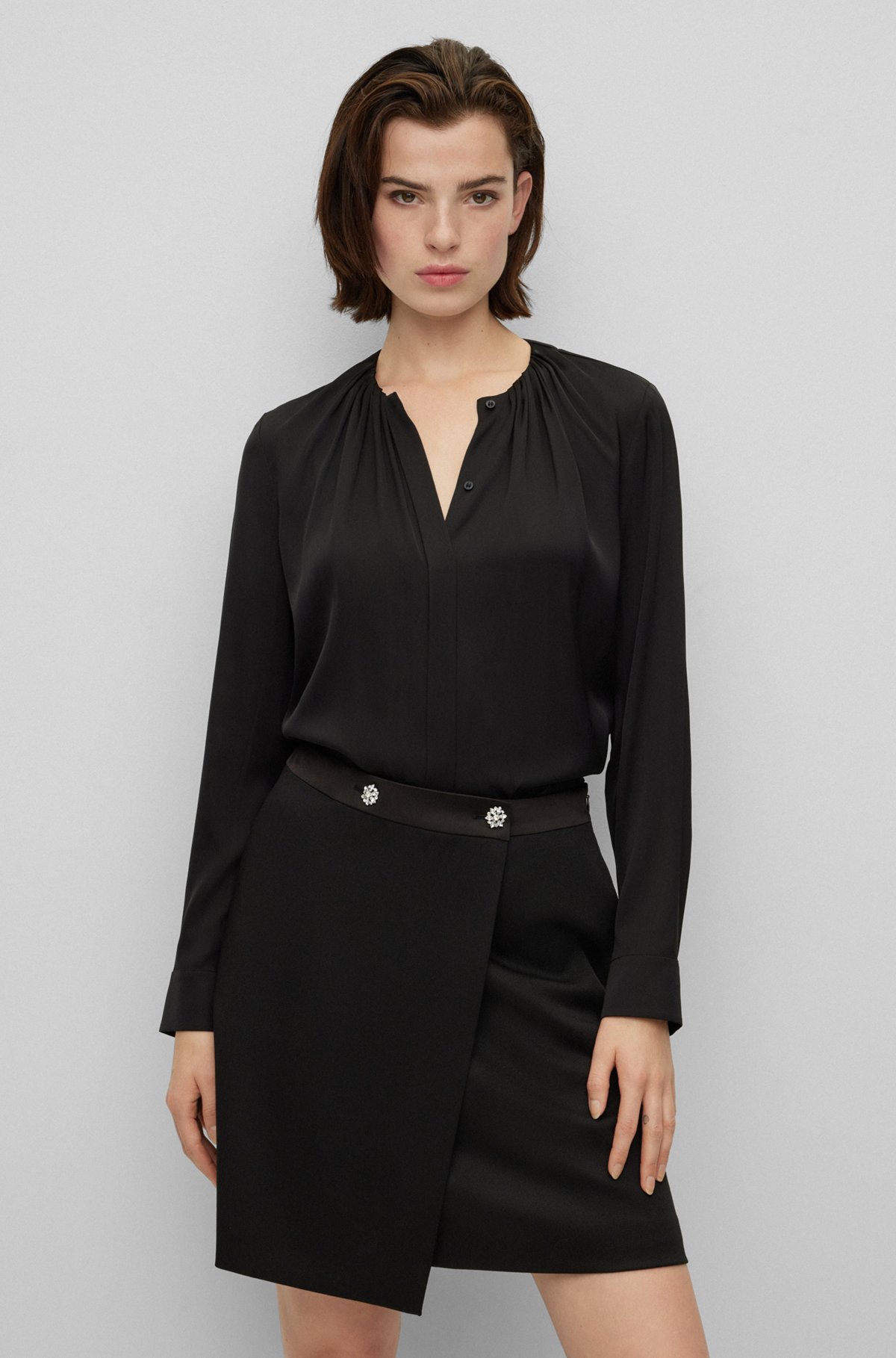 Ruched-neck blouse in stretch-silk crepe de Chine, Black
