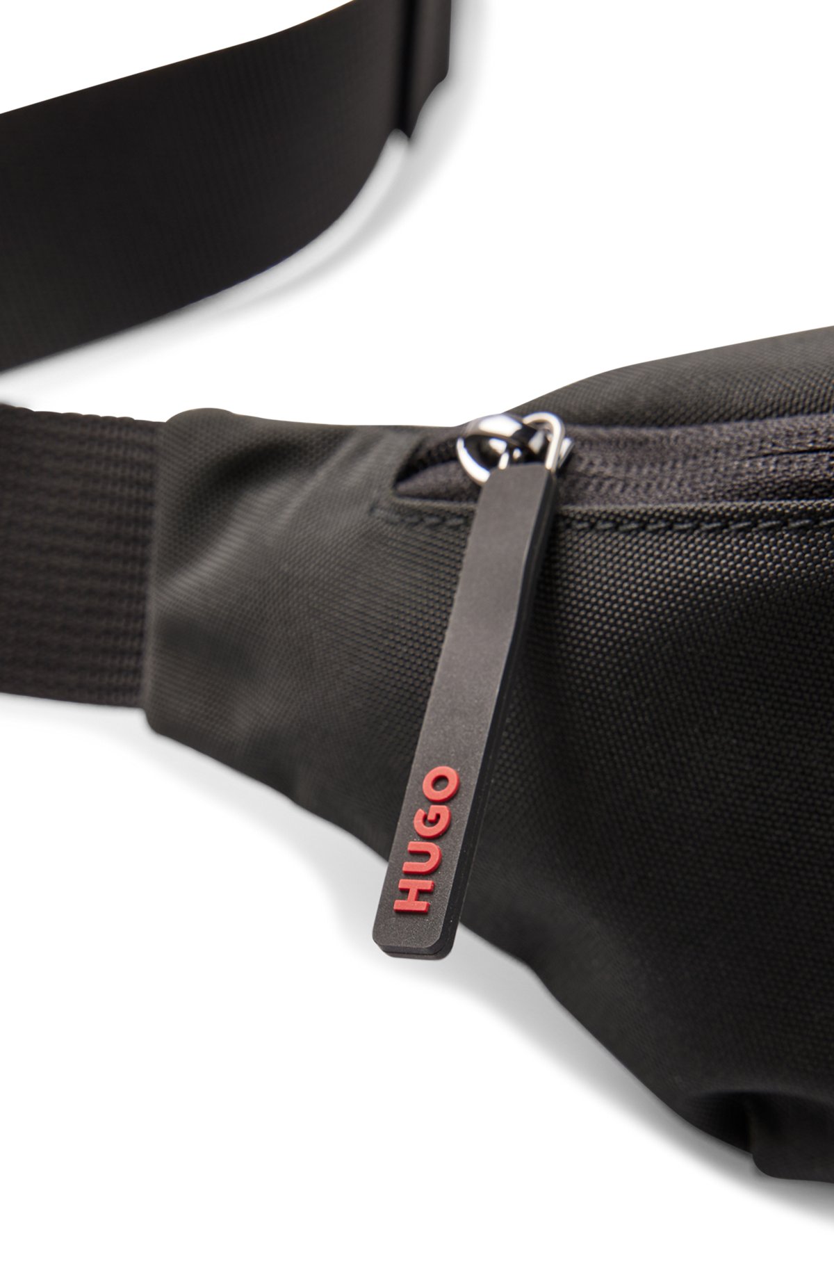 Belt bag in recycled nylon with red logo label, Black