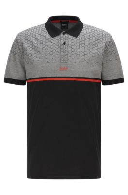 BOSS - Cotton polo shirt with hexagon-print panel