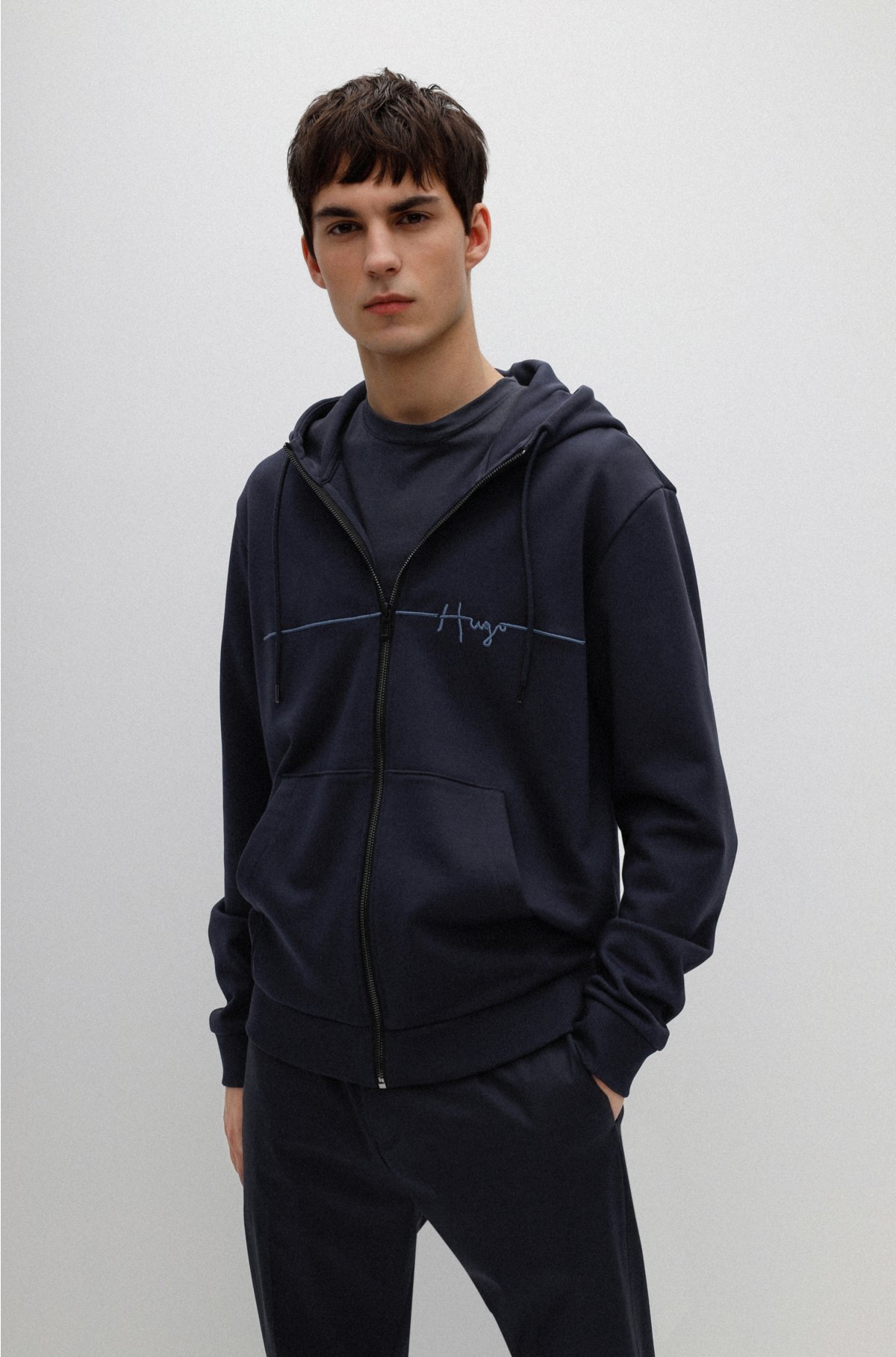 HUGO - Cotton zip-up hoodie with handwritten logo embroidery