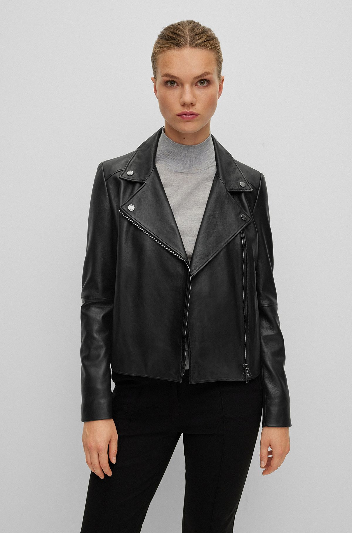 Regular-fit biker jacket in leather, Black