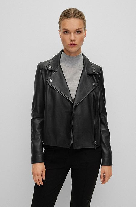 Regular-fit biker jacket in leather, Black