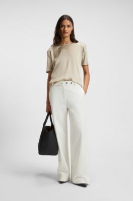 Regular-fit T-shirt with stretch-silk front, Light Beige