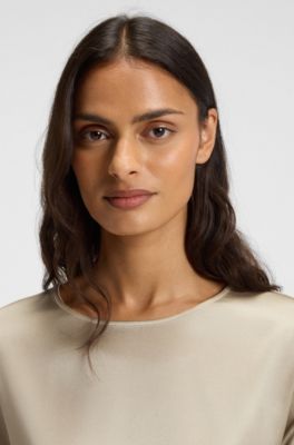 Regular-fit T-shirt with stretch-silk front, Light Beige