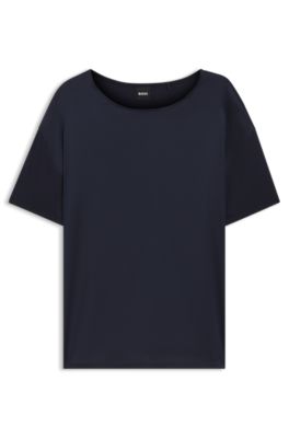Regular-fit T-shirt with stretch-silk front, Dark Blue