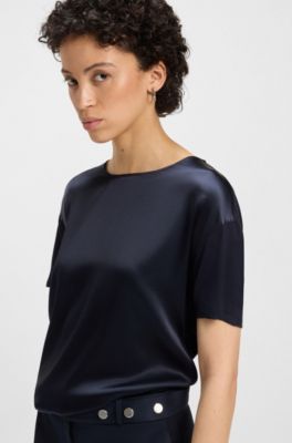 Regular-fit T-shirt with stretch-silk front, Dark Blue