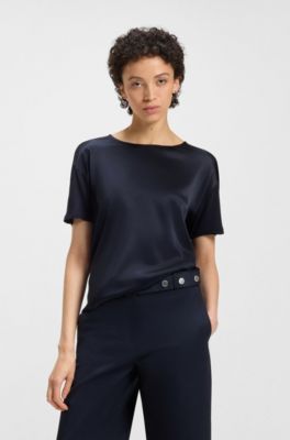 Regular-fit T-shirt with stretch-silk front, Dark Blue