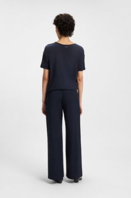 Regular-fit T-shirt with stretch-silk front, Dark Blue