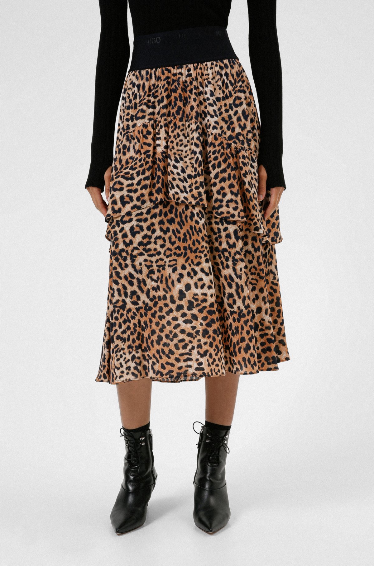 HUGO - Leopard-print A-line skirt with logo waistband