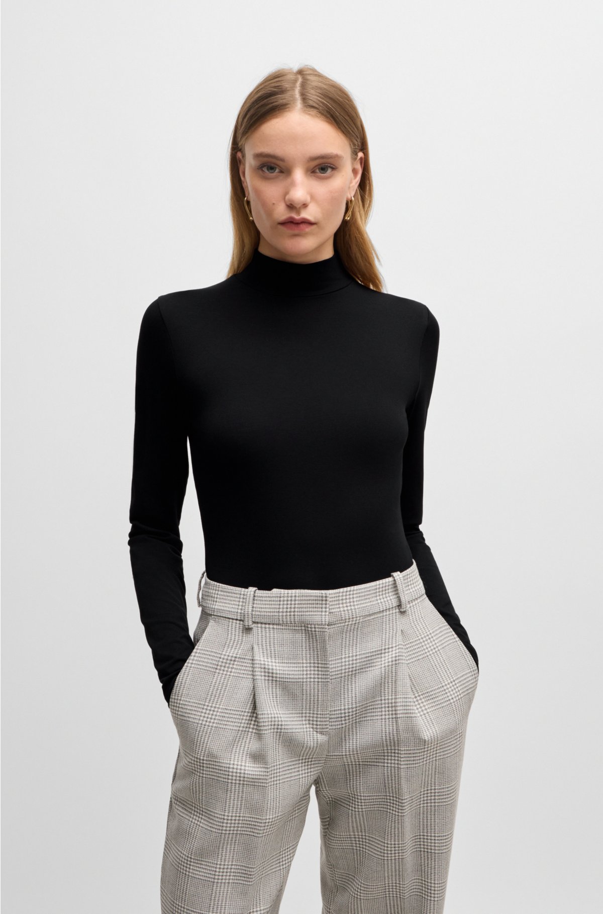 BOSS - Extra-slim-fit long-sleeved top with mock neckline